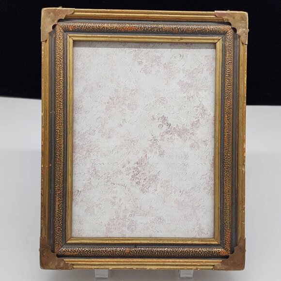 Antique Ornate Gold & Bronze Picture Frame With Brass Applies Corners 7.75"x9.75 - Picture 1 of 10